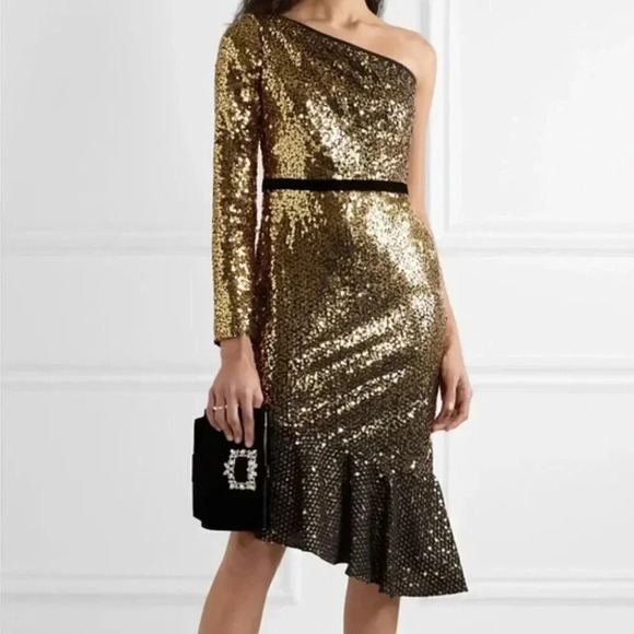 Marchesa Notte Gold Sequin Ruffle Asymmetric One Shoulder Cocktail Dress Size 2 - Picture 1 of 11